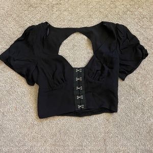 Black Crop Top with Metal Clasps and Cut Outs; Grunge/Rockstar
